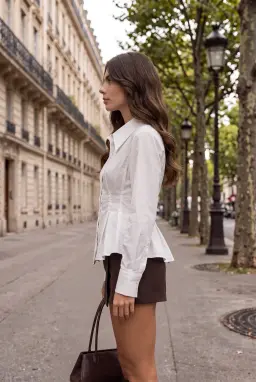 Blusa blanca entallada con peplum con cintura plisada — Blanco
