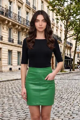 Minigonna in ecopelle verde con tasche