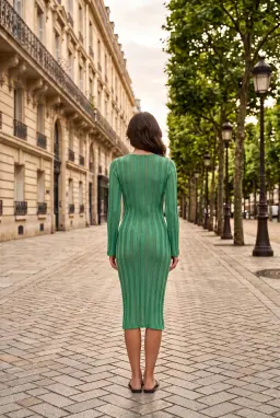 Robe Midi en Tricot Vert Manches Longues Crochet