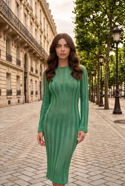 Robe Midi en Tricot Vert Manches Longues Crochet