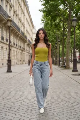 Haut Tube Bustier Tricoté Côtelé Sans Bretelles Vert
