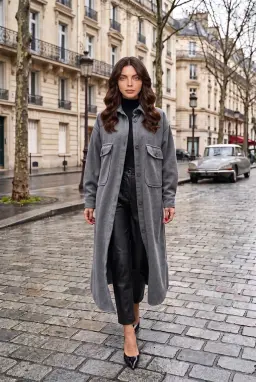 Manteau Long Oversize Gris Boutonné