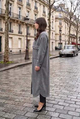 Manteau Long Oversize Gris Boutonné