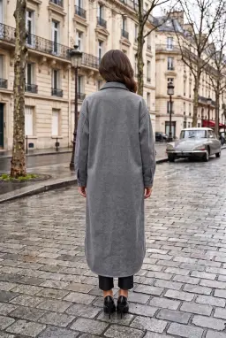 Manteau Long Oversize Gris Boutonné