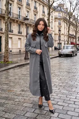 Manteau Long Oversize Gris Boutonné