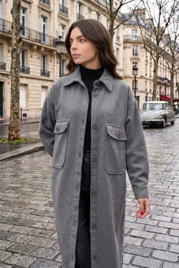 Manteau Long Oversize Gris Boutonné