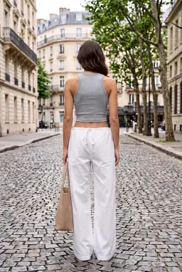 Gri Fitilli Dik Yaka Pamuklu Crop Top