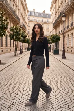 Pantalon Large Gris à Taille Rabattue