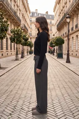 Pantalon Large Gris à Taille Rabattue