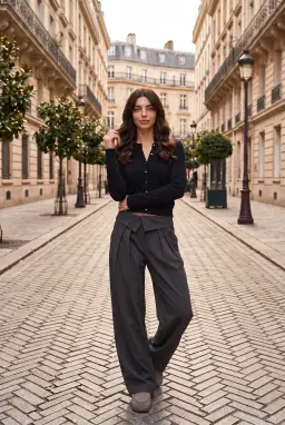 Pantalon Large Gris à Taille Rabattue