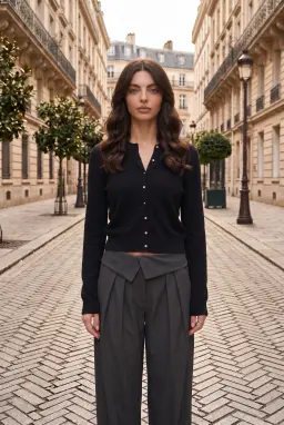 Pantalon Large Gris à Taille Rabattue