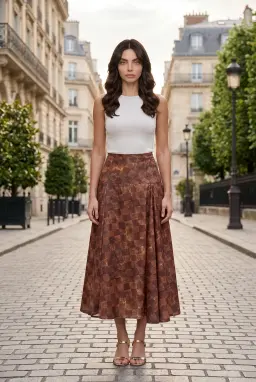 High Waist Checkered Pleated Midi Skirt Rust