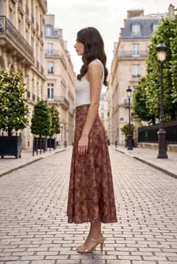 High Waist Checkered Pleated Midi Skirt Rust