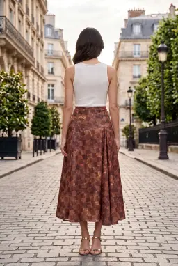 High Waist Checkered Pleated Midi Skirt Rust