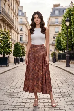 High Waist Checkered Pleated Midi Skirt Rust