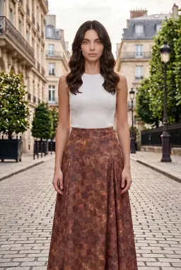 High Waist Checkered Pleated Midi Skirt Rust
