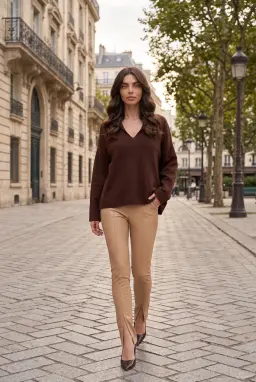 Högtoppade Konstläder Tights med Slits Kamel