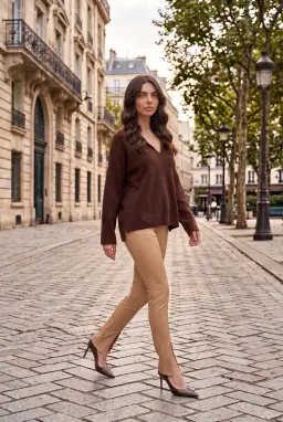 Högtoppade Konstläder Tights med Slits Kamel