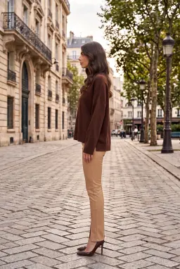 Högtoppade Konstläder Tights med Slits Kamel