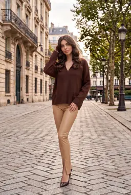 Högtoppade Konstläder Tights med Slits Kamel