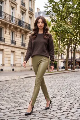 High Waist Faux Leather Pants Khaki Split Hem