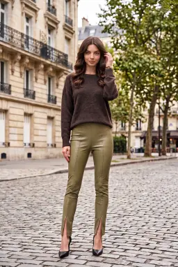 High Waist Faux Leather Pants Khaki Split Hem