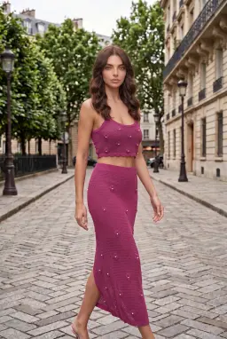 Conjunto de Top Corto y Falda de Punto Ciruela