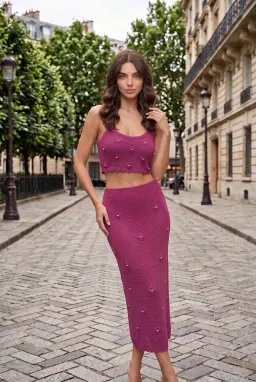 Conjunto de Top Corto y Falda de Punto Ciruela