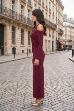Lang Leotard Gedrapeerde Maxi Jurk met Open Schouders - Pruim