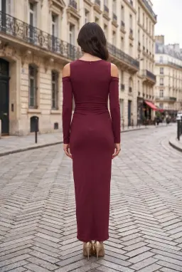 Lang Leotard Gedrapeerde Maxi Jurk met Open Schouders - Pruim