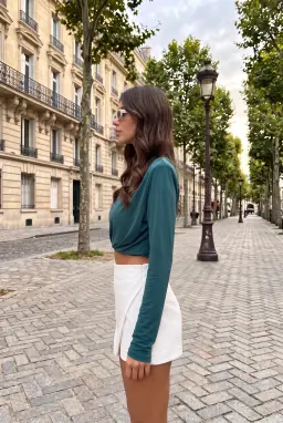 Long Sleeve Padded Shoulder Crop Blouse Petrol