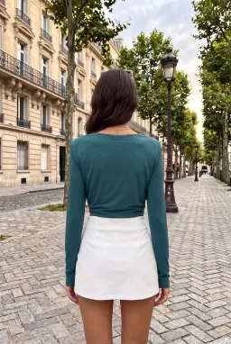 Long Sleeve Padded Shoulder Crop Blouse Petrol