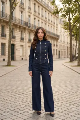 Completo in Denim Blu Navy Giacca Militare e Pantaloni Palazzo
