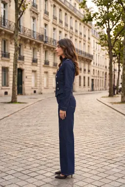 Completo in Denim Blu Navy Giacca Militare e Pantaloni Palazzo
