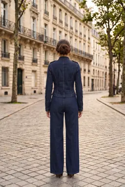 Completo in Denim Blu Navy Giacca Militare e Pantaloni Palazzo