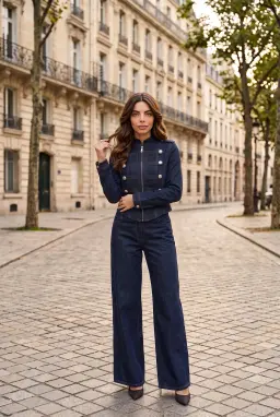 Completo in Denim Blu Navy Giacca Militare e Pantaloni Palazzo