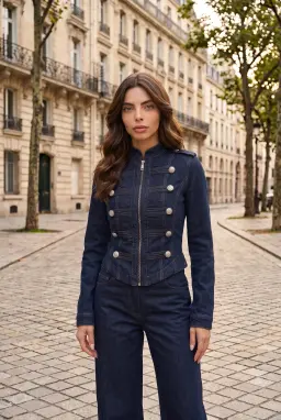 Completo in Denim Blu Navy Giacca Militare e Pantaloni Palazzo