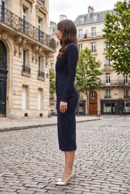 Abito Midi con Glitter Blu Navy e Scolollo a V con Spacco