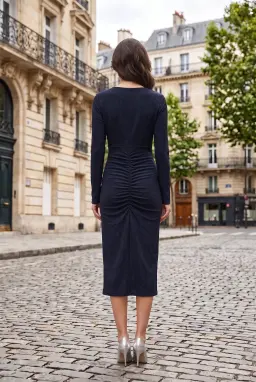 Abito Midi con Glitter Blu Navy e Scolollo a V con Spacco