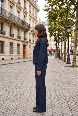 Conjunto Co-ord de Jaqueta com Zíper e Calça Larga Jeans Azul Marinho