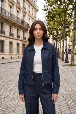Conjunto Co-ord de Jaqueta com Zíper e Calça Larga Jeans Azul Marinho
