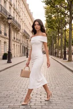 Vestito Lungo Attillato con Scollo Bardot e Risvolto — Bianco