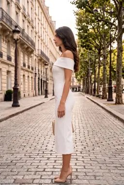 Vestito Lungo Attillato con Scollo Bardot e Risvolto — Bianco