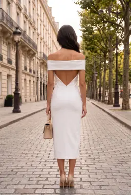 Vestito Lungo Attillato con Scollo Bardot e Risvolto — Bianco