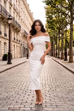 Vestito Lungo Attillato con Scollo Bardot e Risvolto — Bianco