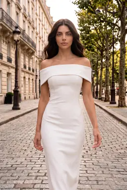 Vestito Lungo Attillato con Scollo Bardot e Risvolto — Bianco