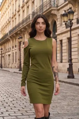Asymmetrisches, gerafftes Minikleid in Olivgrün mit Cold-Shoulder