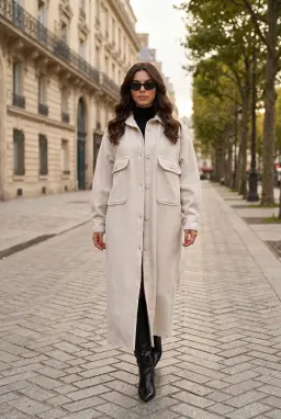 Oversize Long Button-Up Coat with Pockets in Stone