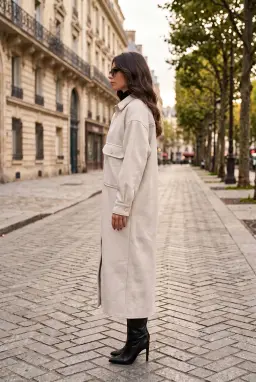 Oversize Long Button-Up Coat with Pockets in Stone