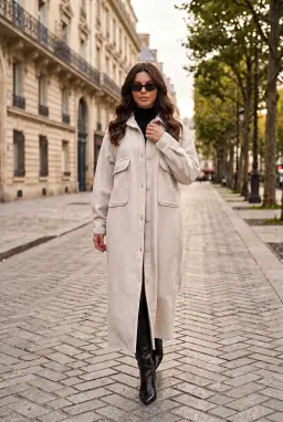 Oversize Long Button-Up Coat with Pockets in Stone